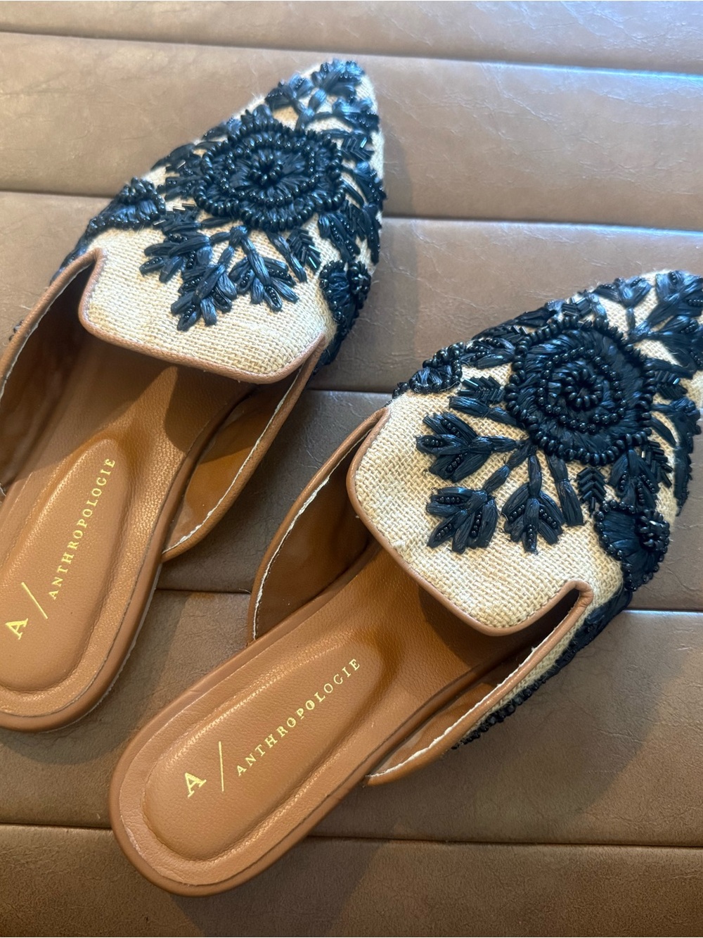 Anthropologie Beige and Black Beaded Pointed Mules
